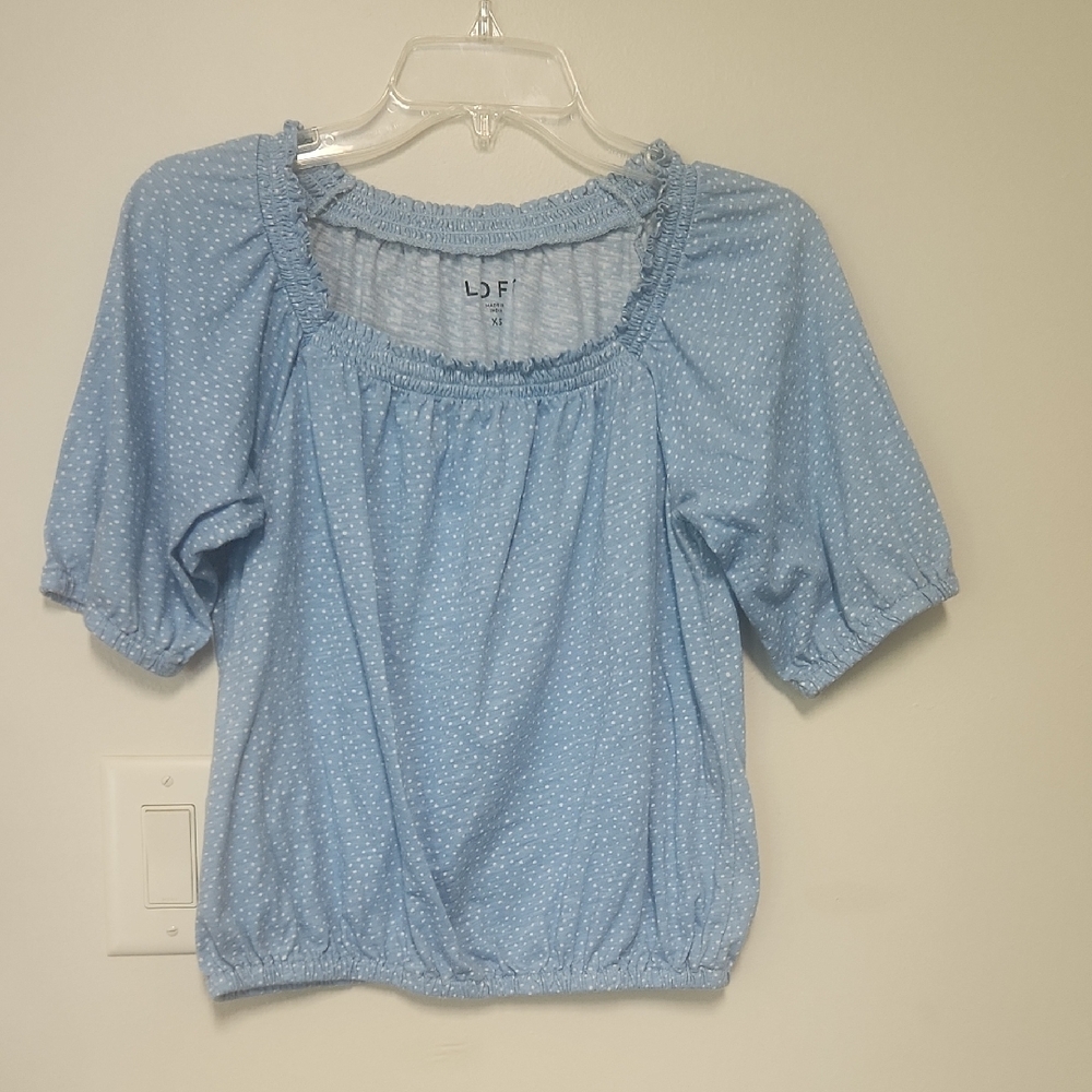 LOFT Blue Puff Sleeve Smocked Blouse